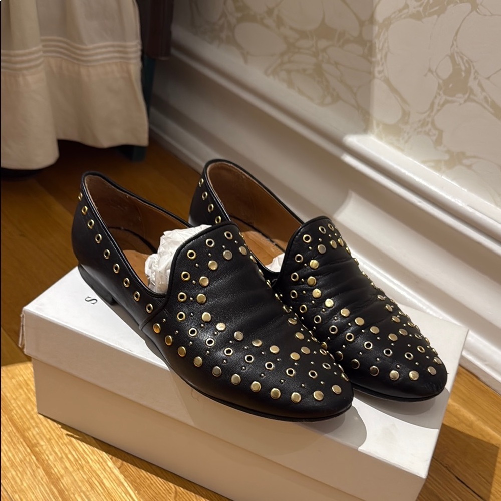 Studded Black Leather Slip-On Loafers - Women